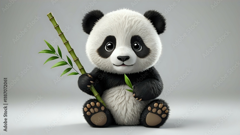 Adorable 3D rendered baby panda bear sitting and holding bamboo. Perfect for children's books, websites, or branding. Adorable 3D rendered baby panda bear sitting and holding bamboo. Perfect for children's books, websites, or branding.