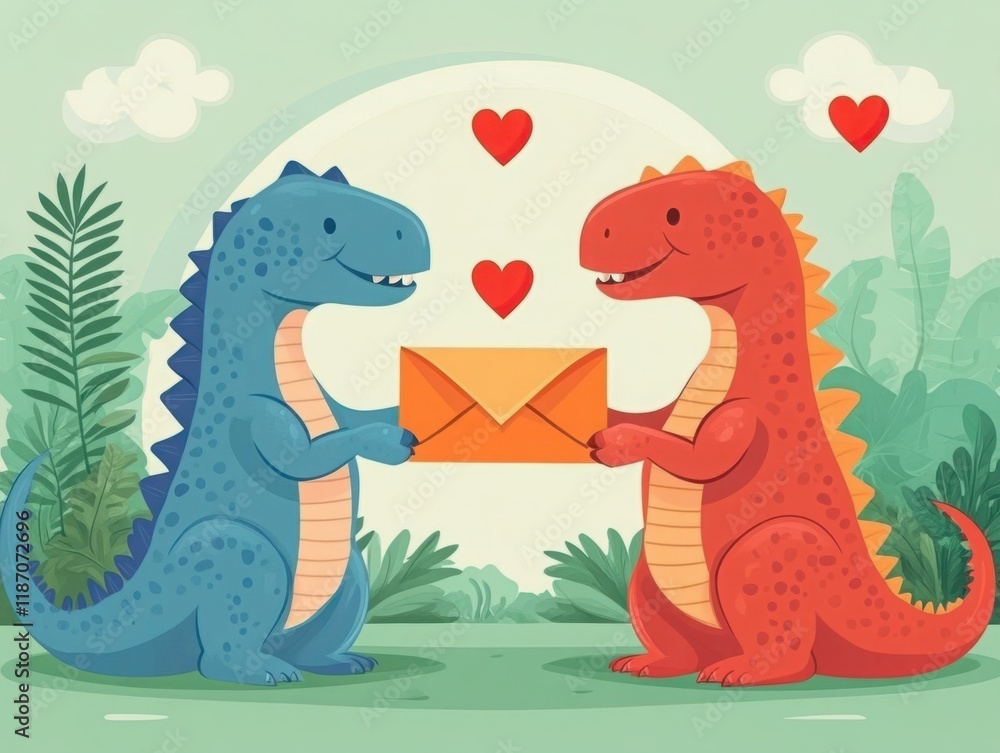 Naklejka premium Cute Cartoon Dinosaurs Holding an Envelope with Hearts in a Playful Forest Setting, Perfect for Valentine's Day or Love-Themed Projects