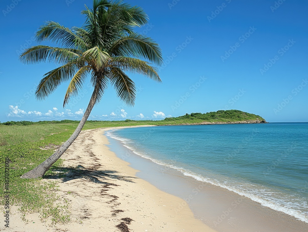 Palm tree leans over pristine beach; turquoise water laps shore. Perfect for travel, vacation, or tropical themed designs. Palm tree leans over pristine beach; turquoise water laps shore. Perfect for travel, vacation, or tropical themed designs.