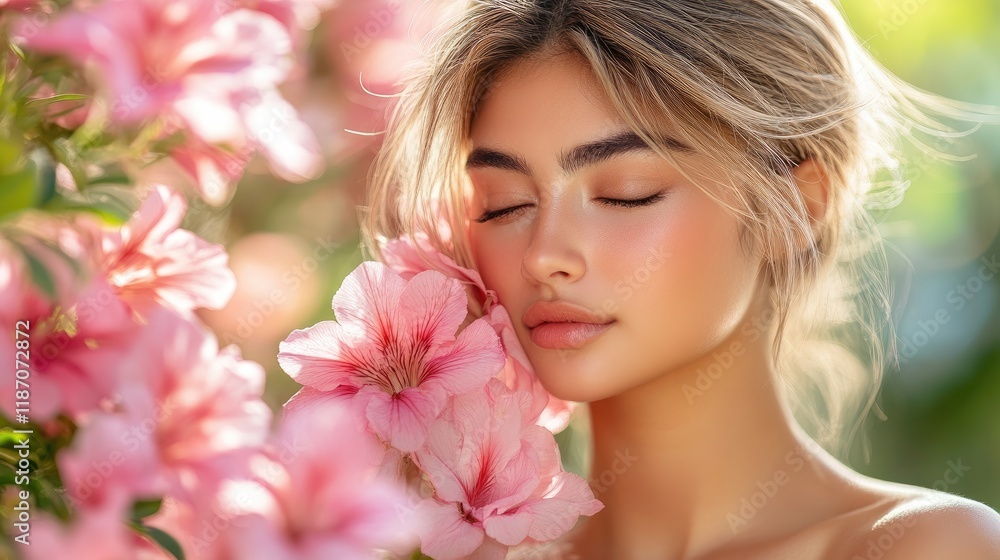 Fototapeta premium Blonde woman with closed eyes enjoys scent of pink blossoms in sunny garden.