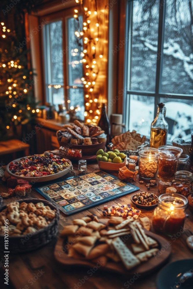 Fototapeta premium Vintage Board Game Night with Snacks and String Lights in Cozy Winter Setting
