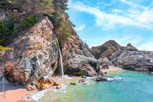 McWay Falls on Highway 1 and Big Sur along the Pacific Ocean coast, beautiful landscape and aerial view, sunset, sunrise, fog. Concept, travel, vacation, weekend