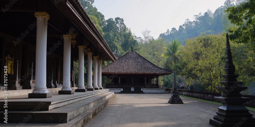 This image showcases a beautiful temple surrounded by greenery, highlighting the calmness and spirituality of the location, ideal for relaxation and meditation.