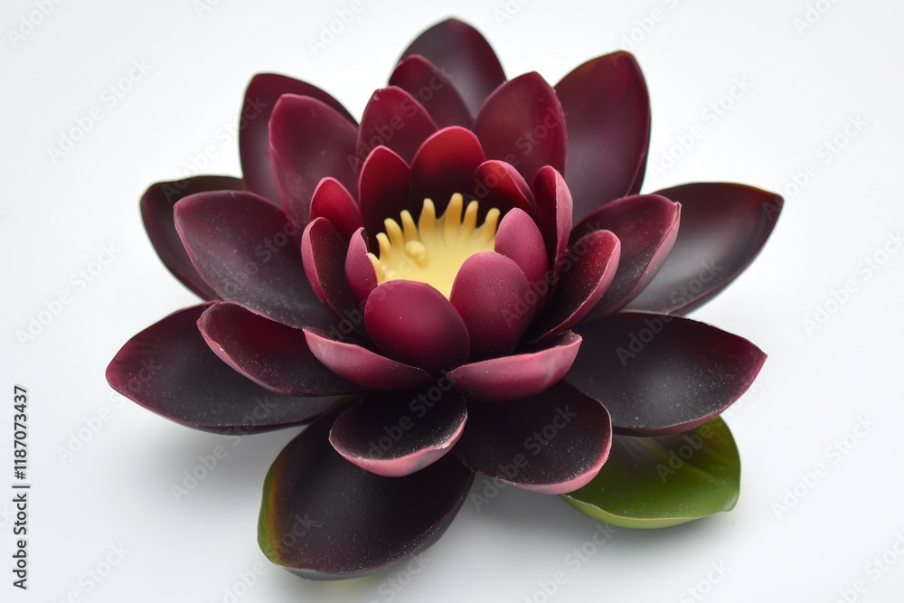 Dark burgundy artificial water lily, detailed petals, yellow center. Dark burgundy artificial water lily, detailed petals, yellow center.