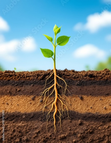 A Young Plant Emerges, From Soil Layers to Blue Skies, Demonstrating Roots and New Growth photo