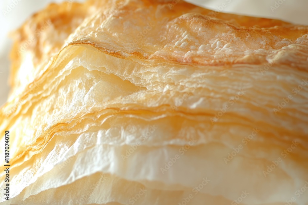 Close-up view of golden-brown puff pastry layers, showcasing its delicate, flaky texture. Close-up view of golden-brown puff pastry layers, showcasing its delicate, flaky texture.