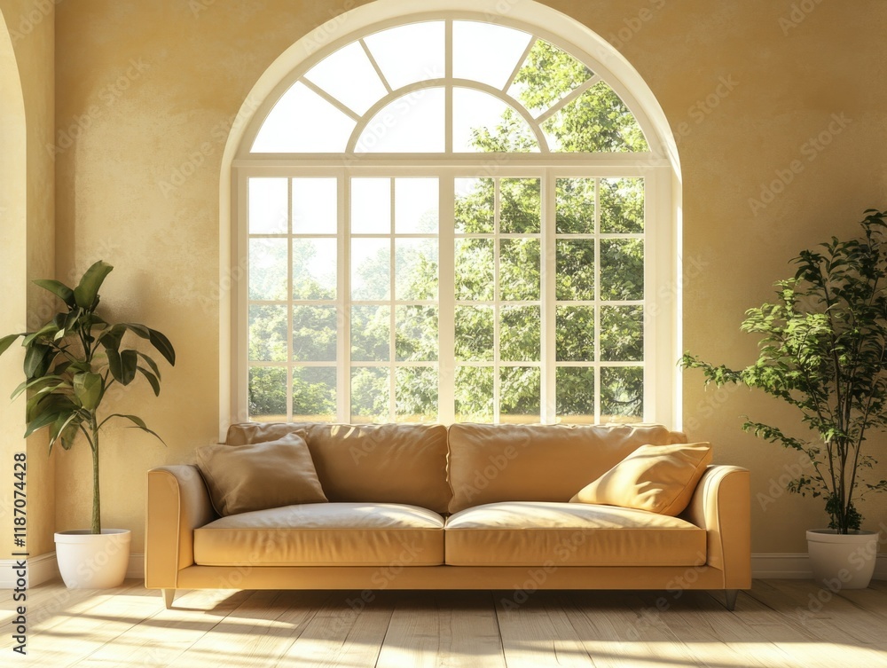 Bright Living Room with Yellow Couch and Large Windows Bright Living Room with Yellow Couch and Large Windows