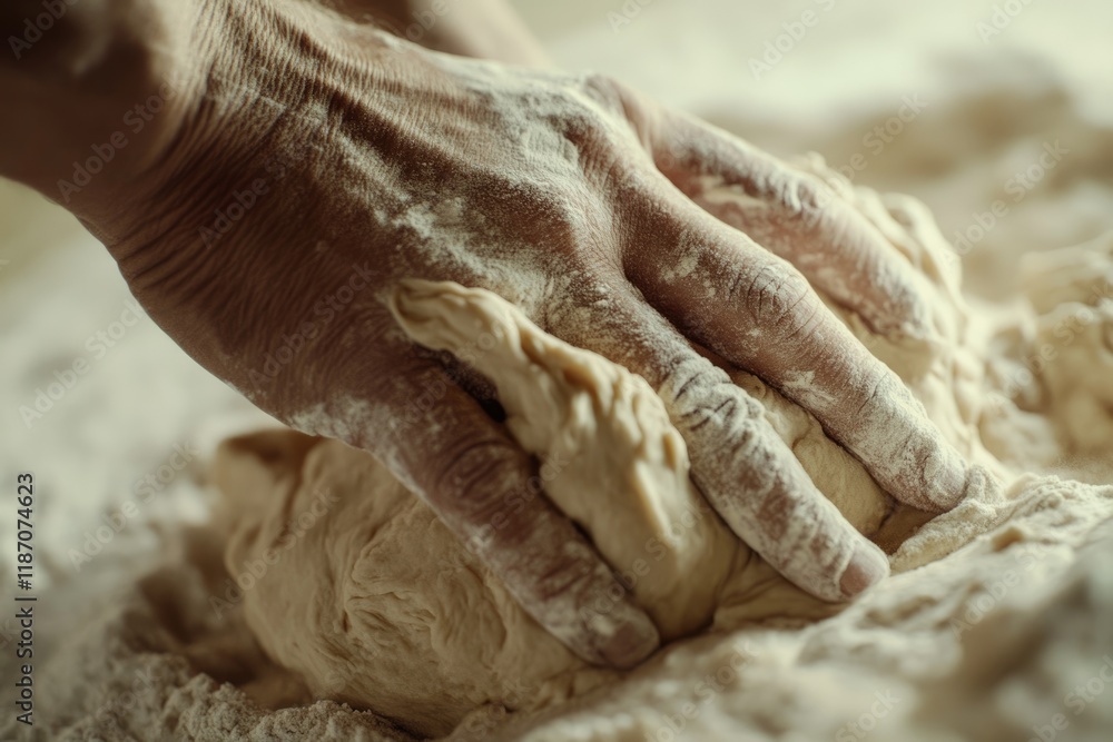 Fototapeta premium Hands kneading dough, flour dusting the surface and hands, baking process.
