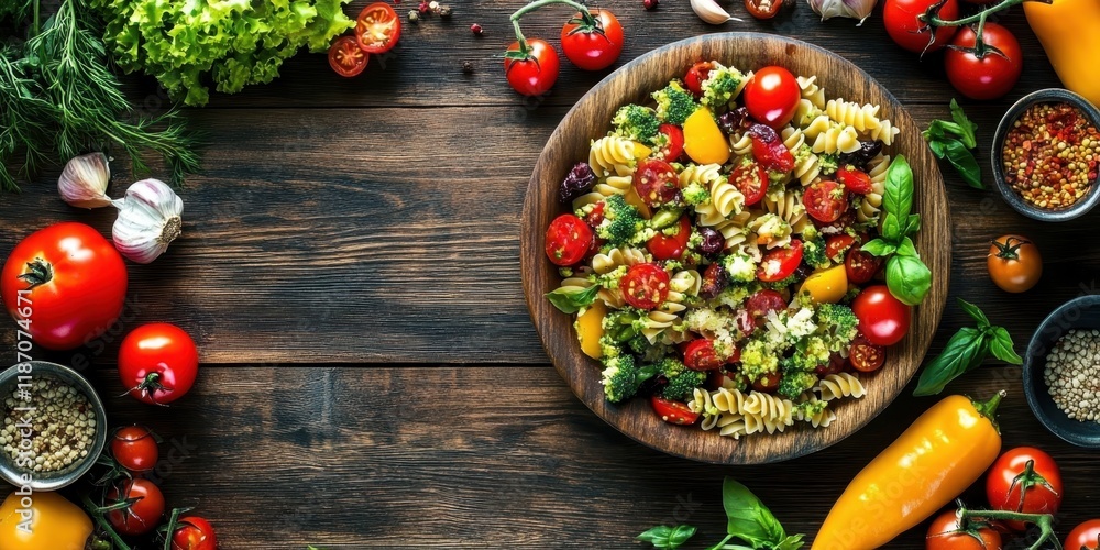 Vibrant salad, wooden rustic table, fresh vegetables, colorful peppers, cherry tomatoes, leafy greens, grated cheese, diced ham, overhead view, natural lighting, textured wood background, healthy meal Vibrant salad, wooden rustic table, fresh vegetables, colorful peppers, cherry tomatoes, leafy greens, grated cheese, diced ham, overhead view, natural lighting, textured wood background, healthy meal