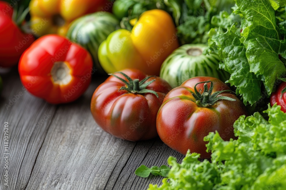 Assortment of fresh vegetables, including tomatoes, peppers, and lettuce, displayed on a rustic wooden surface. Assortment of fresh vegetables, including tomatoes, peppers, and lettuce, displayed on a rustic wooden surface.