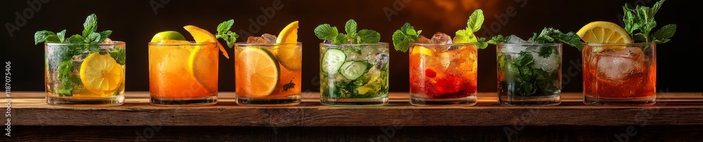 Elegant Spring Cocktails on Rustic Bar Top in Golden Light Elegant Spring Cocktails on Rustic Bar Top in Golden Light