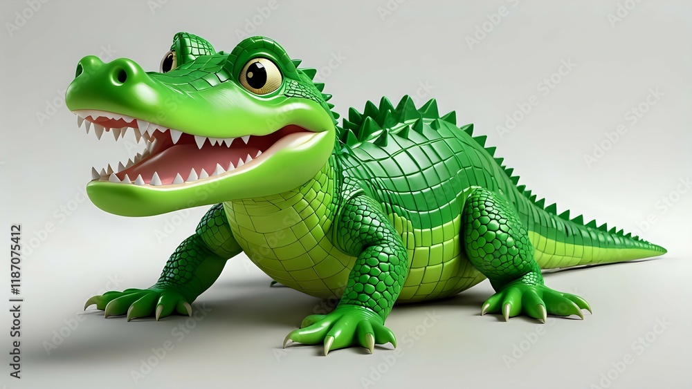 Obraz premium Adorable cartoon crocodile, cheerful expression, 3D render, green scales, friendly reptile, white background.