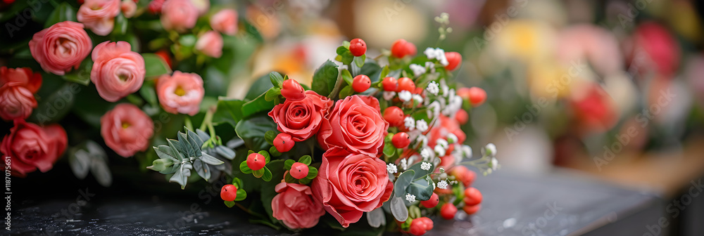 Obraz premium Bouquet of roses, hypericum berries and gypsophila on the counter of a flower shop