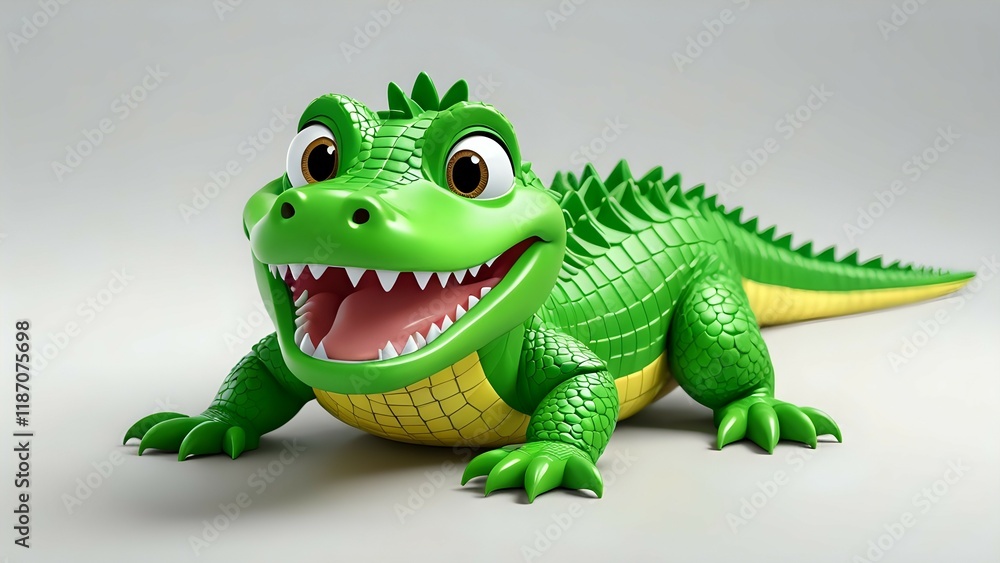 Fototapeta premium Cheerful cartoon crocodile, 3D rendering, bright green, friendly expression, isolated on white background, playful, happy.