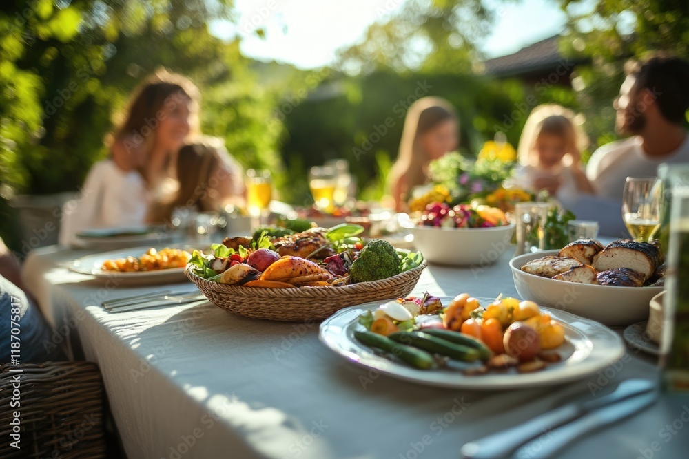 A family enjoys a sunny outdoor meal with grilled chicken and fresh vegetables. A family enjoys a sunny outdoor meal with grilled chicken and fresh vegetables.
