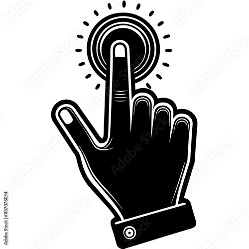 Hand Touching Circular Interface Vector Illustration in Black and White"