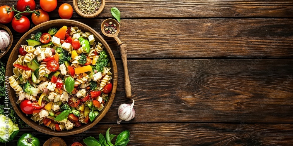 Vibrant salad, wooden rustic table, fresh vegetables, colorful peppers, cherry tomatoes, leafy greens, grated cheese, diced ham, overhead view, natural lighting, textured wood background, healthy meal Vibrant salad, wooden rustic table, fresh vegetables, colorful peppers, cherry tomatoes, leafy greens, grated cheese, diced ham, overhead view, natural lighting, textured wood background, healthy meal