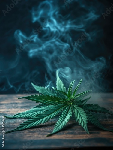 Marijuana Plant and Smoke on Wooden Table photo