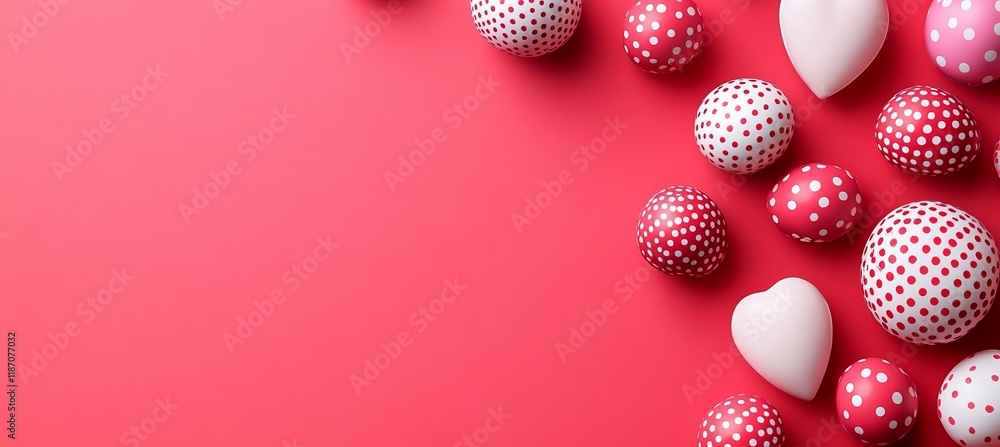 Patterned Easter Eggs and Hearts on a Red Background. Festive Composition for Spring Holidays. Patterned Easter Eggs and Hearts on a Red Background. Festive Composition for Spring Holidays.