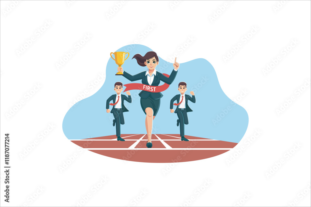 Illustration Business leader. Businesswomen crossing the finish line first in the competition group. Vector illustration. Illustration Business leader. Businesswomen crossing the finish line first in the competition group. Vector illustration.