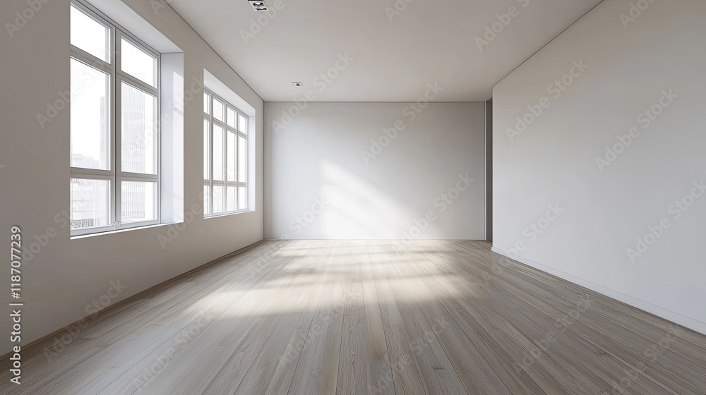Obraz premium A 3D-rendered Scandinavian room with a large white wall and wooden flooring offers a serene, minimalist Nordic design.