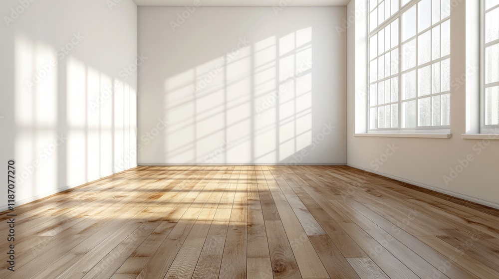A 3D-rendered Scandinavian room with a large white wall and wooden flooring offers a serene, minimalist Nordic design. A 3D-rendered Scandinavian room with a large white wall and wooden flooring offers a serene, minimalist Nordic design.