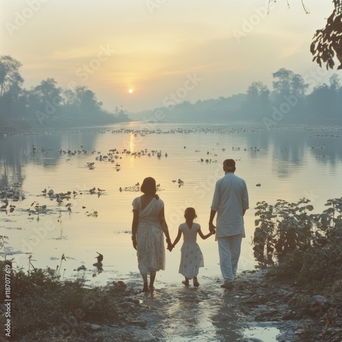 Family Walking Family Walking at Sunrise on Riverbank Parents and Children in Spiritual Unity, Dawn Pilgrimage, Cultural Connection photo