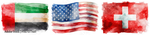 Watercolor flags, UAE flag, USA flag, Swiss flag, artistic representation, vibrant colors, cultural symbols.