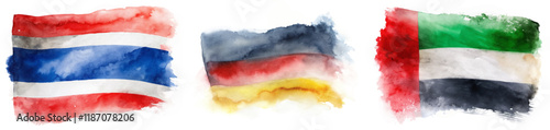 Watercolor flags, vibrant colors, artistic representation, Thailand, Germany, UAE, cultural symbols, abstract design.
