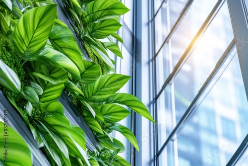 Futuristic biophilic office design featuring smart glass walls and integrated vertical gardens promoting employee well-being and productivity in a green environment