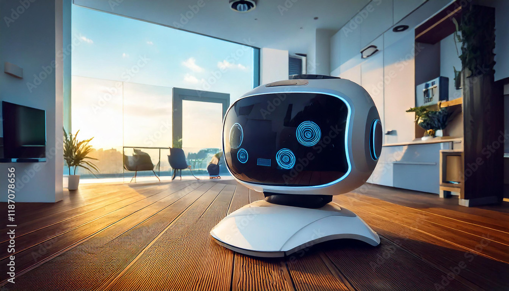 A futuristic white robot is sitting in a modern living room, looking towards a large window. The robot has a round, friendly-looking face with blue lights