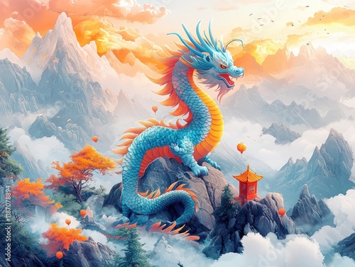 Blue dragon perched on mountain peak, overlooking misty valley at sunset. photo