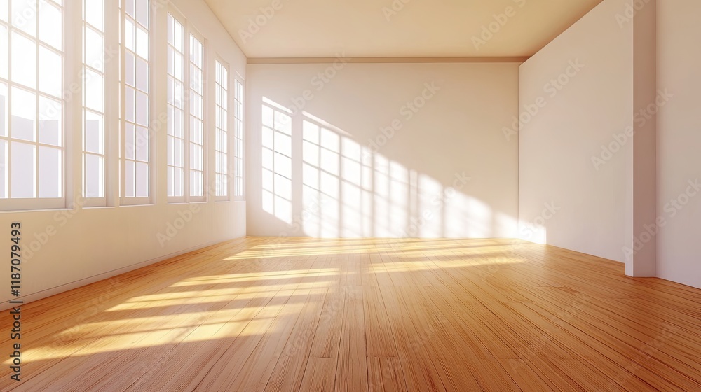 A minimalist Scandinavian room with large white walls and warm wooden floors is beautifully rendered in 3D. A minimalist Scandinavian room with large white walls and warm wooden floors is beautifully rendered in 3D.