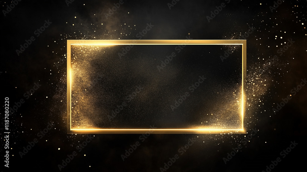 Obraz premium Golden luxury glowing rectangular frame with gold dust on the black background, elegant backdrop, award ceremony banner