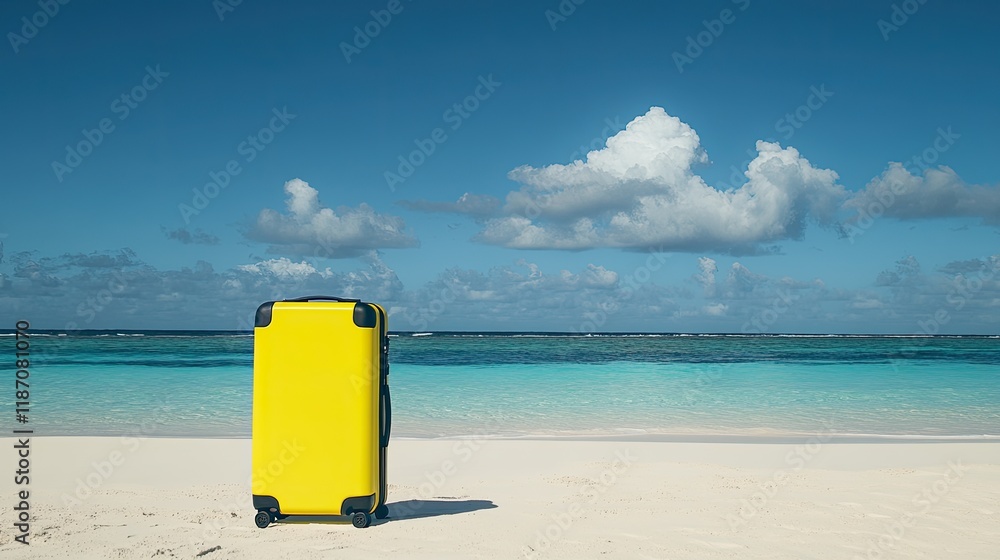 A modern suitcase in bright yellow contrasts with the deep blue of the horizon, standing alone on a pristine sandy beach. A modern suitcase in bright yellow contrasts with the deep blue of the horizon, standing alone on a pristine sandy beach.