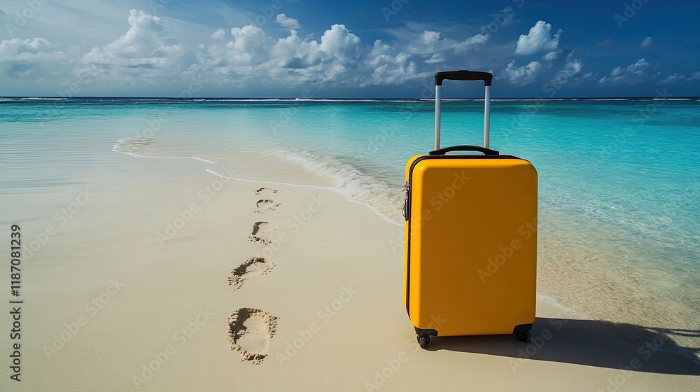 A modern yellow suitcase stands tall on a beach, footprints in the sand leading towards the crystal-clear ocean. A modern yellow suitcase stands tall on a beach, footprints in the sand leading towards the crystal-clear ocean.