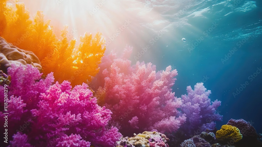 Fototapeta premium Vibrant coral reef bathed in sunlight underwater scene