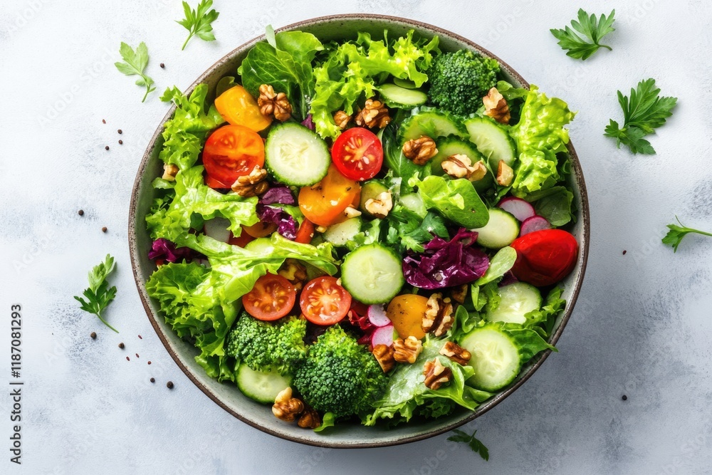 A fresh and healthy salad with lettuce, tomatoes, cucumbers, broccoli, walnuts, and radish. A fresh and healthy salad with lettuce, tomatoes, cucumbers, broccoli, walnuts, and radish.
