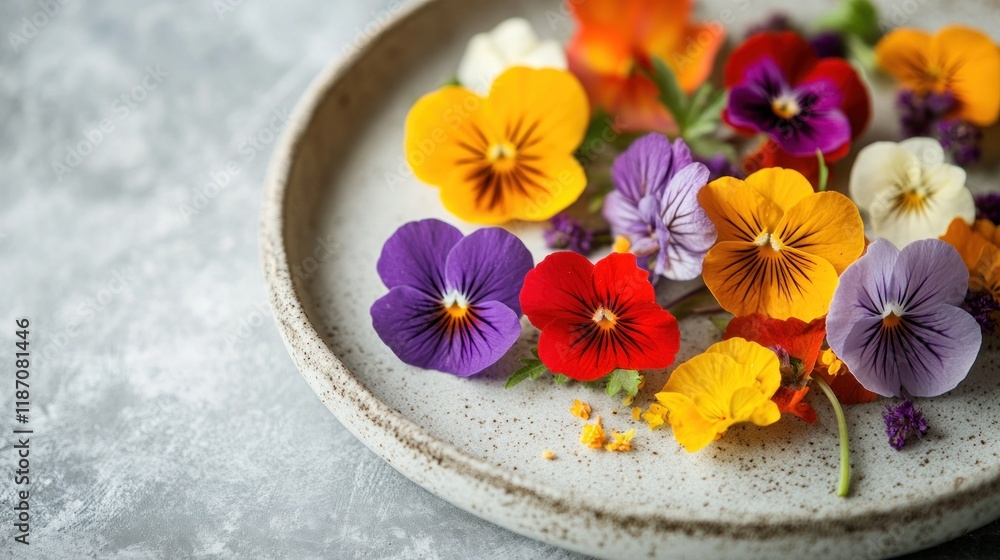 Edible flowers, field pansies, violets on white plate. Grey background. Close up. Edible flowers, field pansies, violets on white plate. Grey background. Close up.
