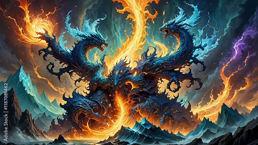 Majestic dual-headed dragon engulfed in fiery and icy energy, a breathtaking fantasy artwork. Majestic dual-headed dragon engulfed in fiery and icy energy, a breathtaking fantasy artwork.