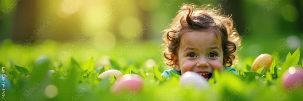 A child's excited face peeking out from behind a leafy green plant amidst the Easter egg hunt, spring, nature A child's excited face peeking out from behind a leafy green plant amidst the Easter egg hunt, spring, nature