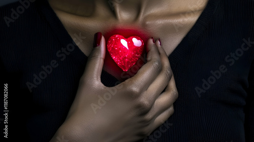 A person holds a glowing red heart close to their chest, symbolizing love, emotion, and inner feelings against a dark background.