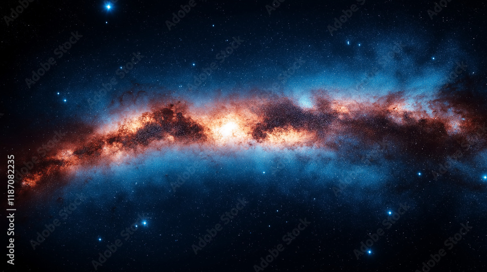 luminous stretch of the milky way glowing in vivid orange and blue, perfect for space documentaries, scientific visualizations, and educational astronomy materials luminous stretch of the milky way glowing in vivid orange and blue, perfect for space documentaries, scientific visualizations, and educational astronomy materials