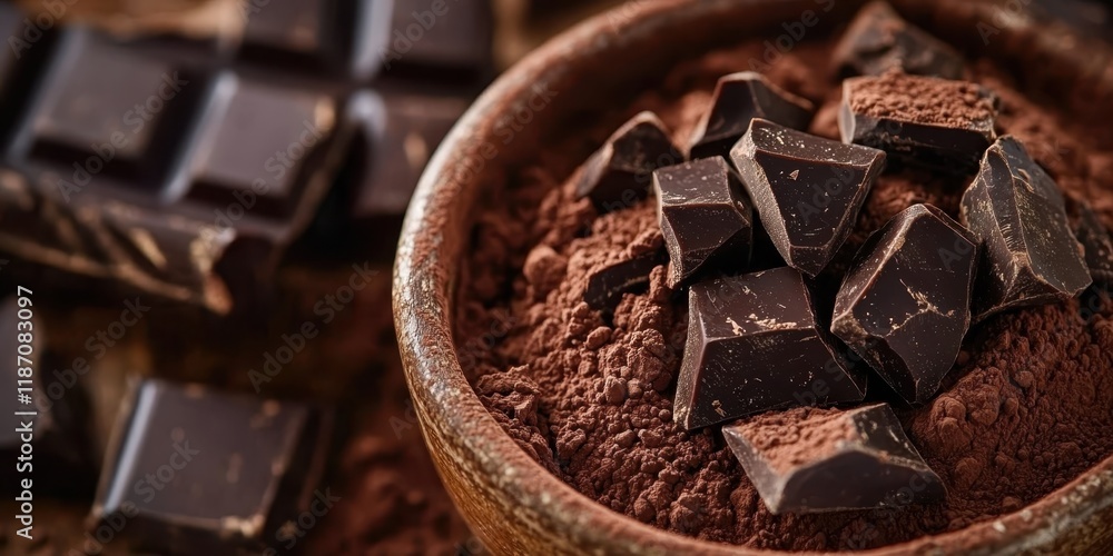 Dark chocolate chunks, rustic metal bowl, cocoa powder dusting, moody lighting, textured background, rich brown tones, overhead view, food photography, artisanal chocolate, bittersweet, gourmet desser Dark chocolate chunks, rustic metal bowl, cocoa powder dusting, moody lighting, textured background, rich brown tones, overhead view, food photography, artisanal chocolate, bittersweet, gourmet desser
