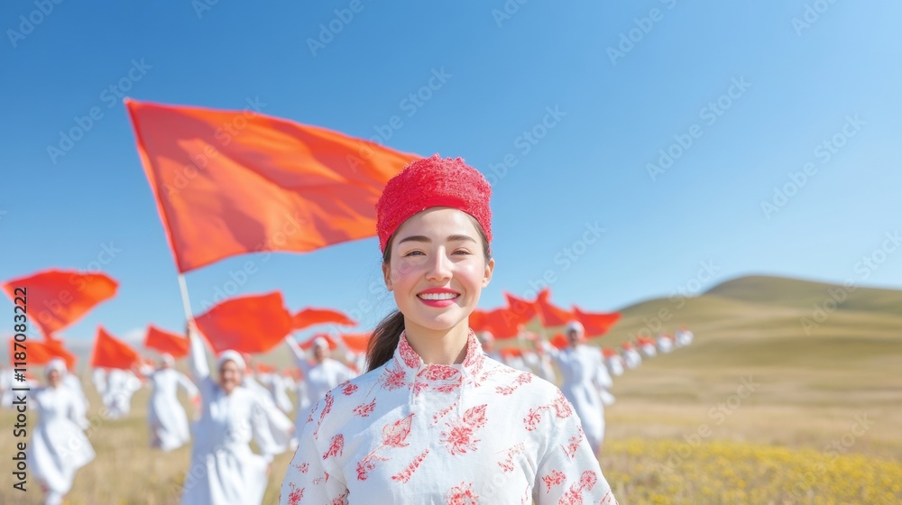 Obraz premium Vibrant Parade with Traditional Costumes Against Mountainous Backdrop
