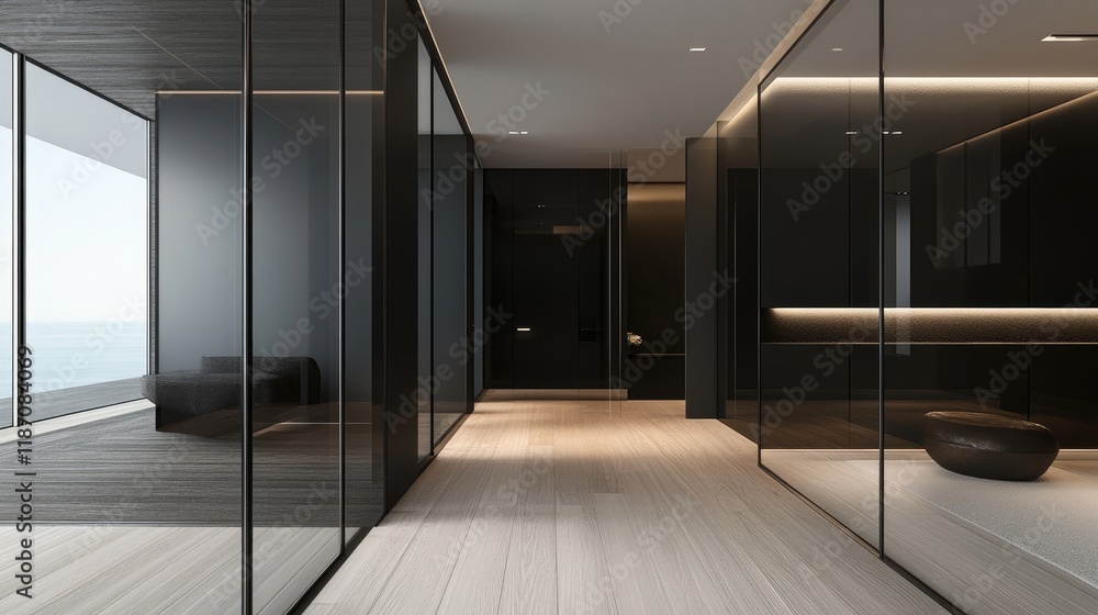Fototapeta premium Classic black wall panels and sleek wooden flooring define this 3D-rendered room, a blank canvas for future interior design.