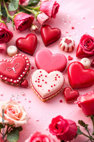 Romantic pink heart-shaped gingerbread with glitter for Valentine's Day. Ai generated