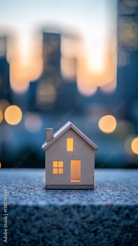 Small wooden house model with illuminated windows, symbolizing investment, mortgage, and home buying, placed on a surface against a blurred cityscape backdrop at sunset Small wooden house model with illuminated windows, symbolizing investment, mortgage, and home buying, placed on a surface against a blurred cityscape backdrop at sunset