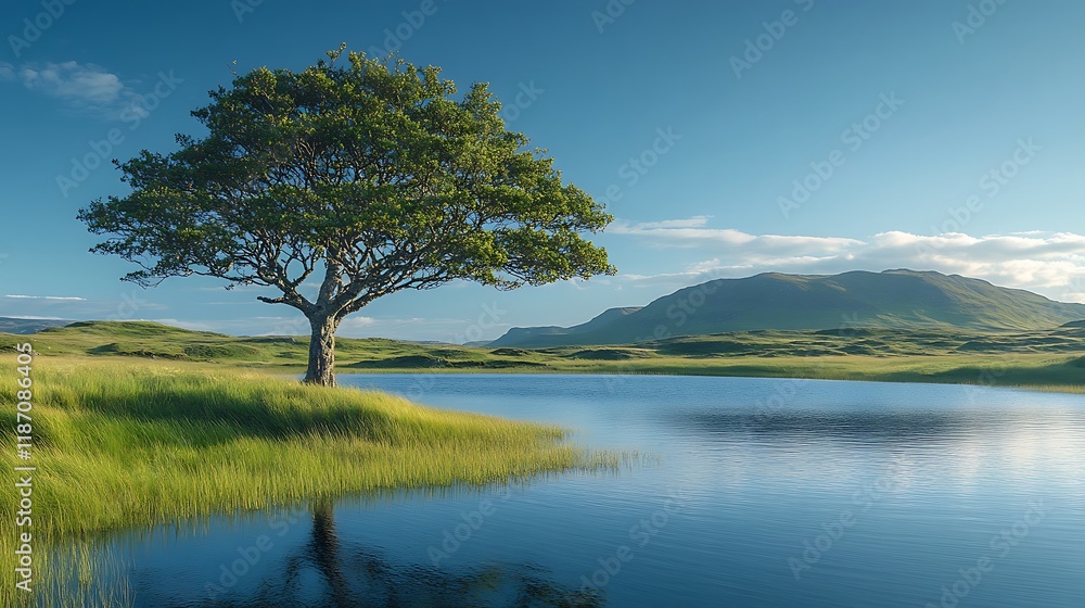 Lone tree by tranquil lake, serene landscape, mountain backdrop, summer day. Lone tree by tranquil lake, serene landscape, mountain backdrop, summer day.