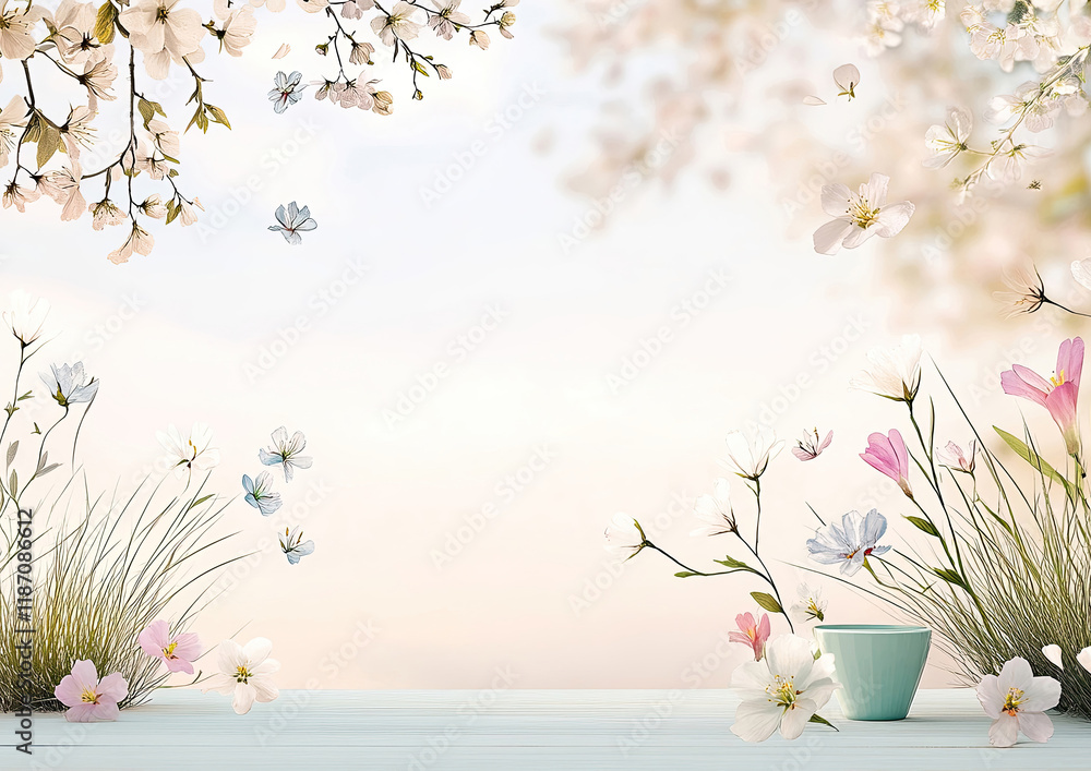 Frühlingshafte Aquarell-Illustration – Zarte Blumen mit Textfreiraum im Querformat